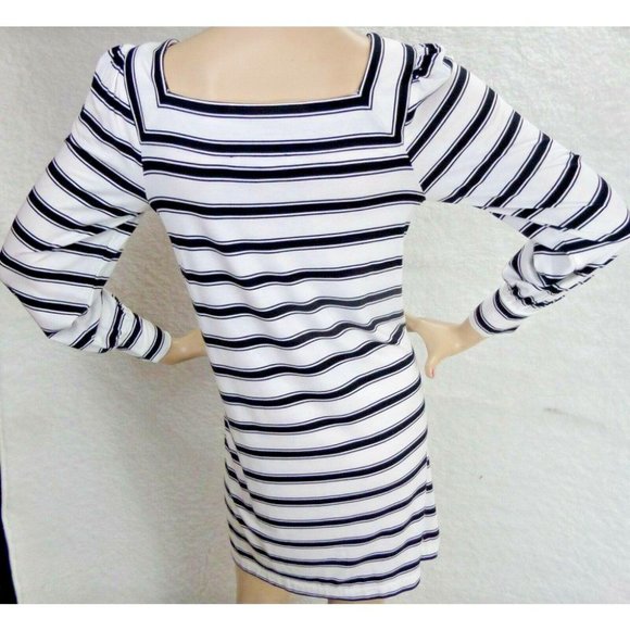 * "LOFT" BLACK & WHITE STRIPED SQUARE NECKLINE KNIT SWING DRESS SIZE: SP NWT - Picture 5 of 6